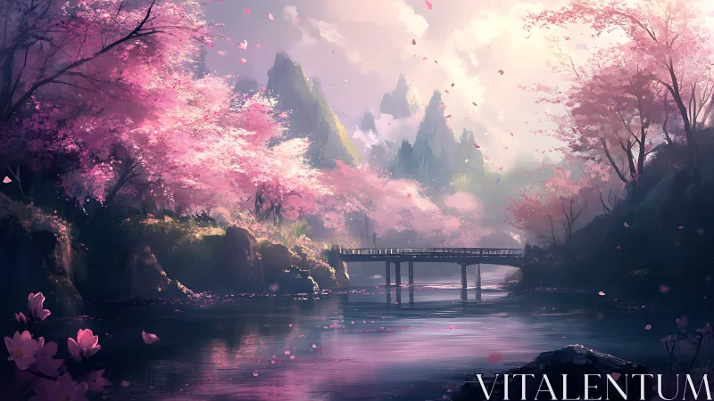 Cherry blossom bridge hushes the river beneath dream peaks