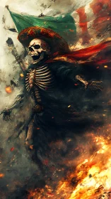 Skeleton soldier in sombrero advances with burning flag