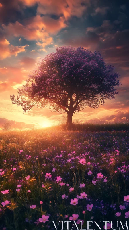 Solitary blossom tree drinks the last light of sunset