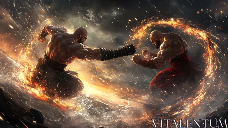 Two muscular fighters clash with massive fire energy bursts