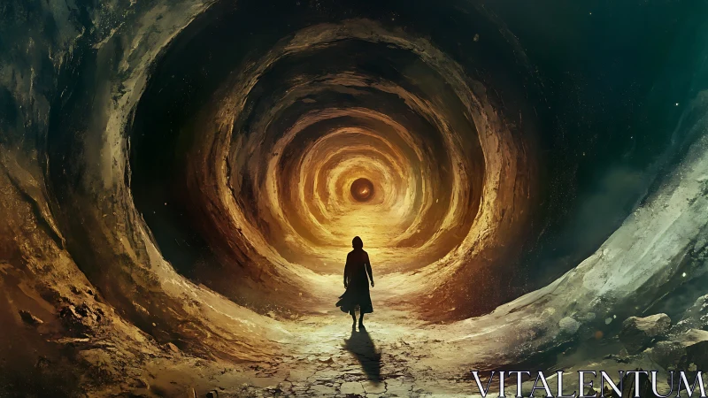 Silhouette figure in illuminated tunnel with concentric depth.