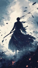 Stormbound swordsman silhouette amid swirling embers and sky.