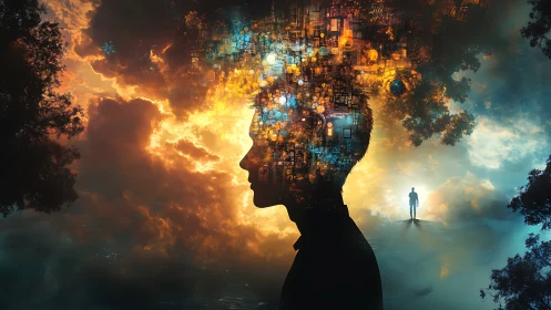 Concept art silhouette with luminous data-sky mindscape composition.