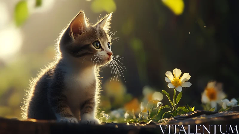Curious Kitten Discovers Daisies in Golden Garden Light.