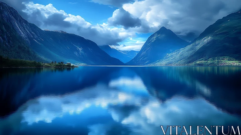 Symmetrical mountain fjord with reflective blue water surface.