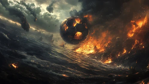 Molten soccer sphere ignites storm-torn ocean horizon.