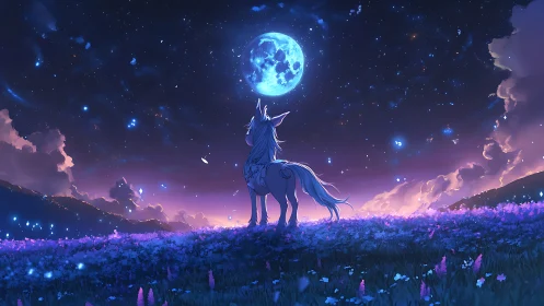 Luminous lunar meadowscape with solitary unicorn observer.