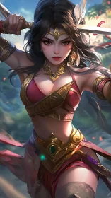 Fierce fantasy warrior woman with sword in battle stance.