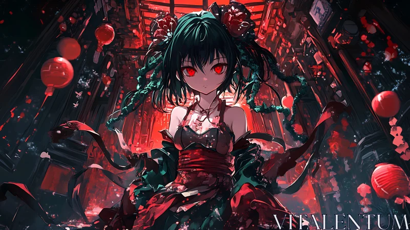 Dark anime girl in red alley with lanterns at night.