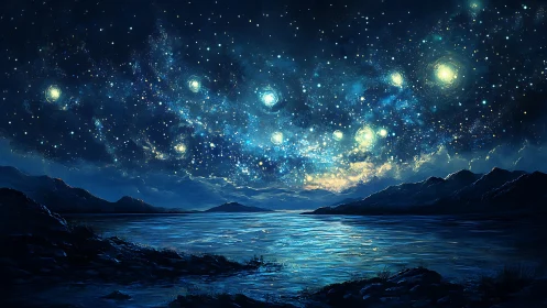 Starlit cosmic sky shimmers above a tranquil midnight lake