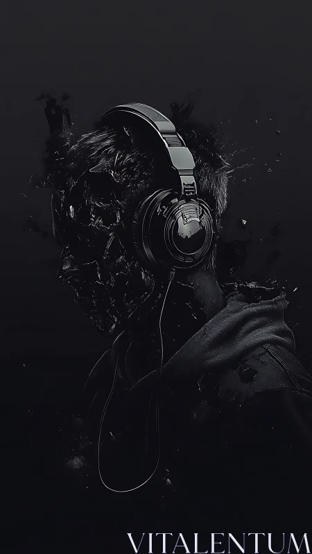 Shattered silhouette with chrome headphones in dark void