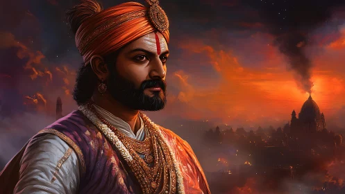 Regal warrior in turban before burning city at dusk.