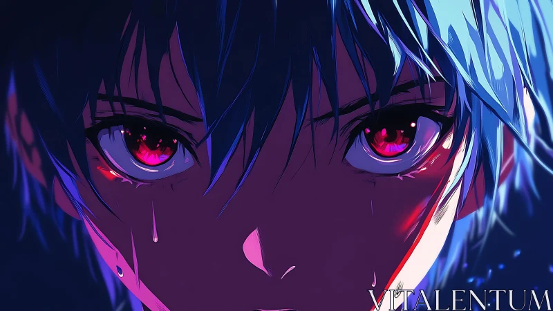 Intense anime closeup with glowing red eyes and sweat.
