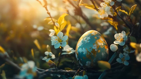 Ornate Easter egg rests in glowing spring blossoms.