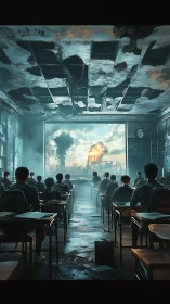 Students watch city explosions through ruined classroom window.
