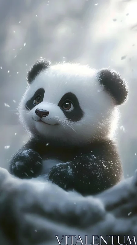 Snowflake-dusted baby panda quietly discovers winter magic