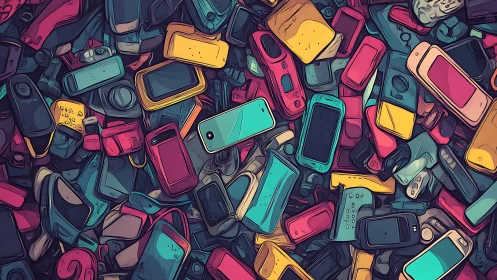 Color-saturated e-waste phones form dense chaotic mosaic.