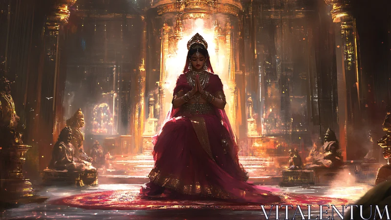 Regal priestess kneels in luminous golden palace hall