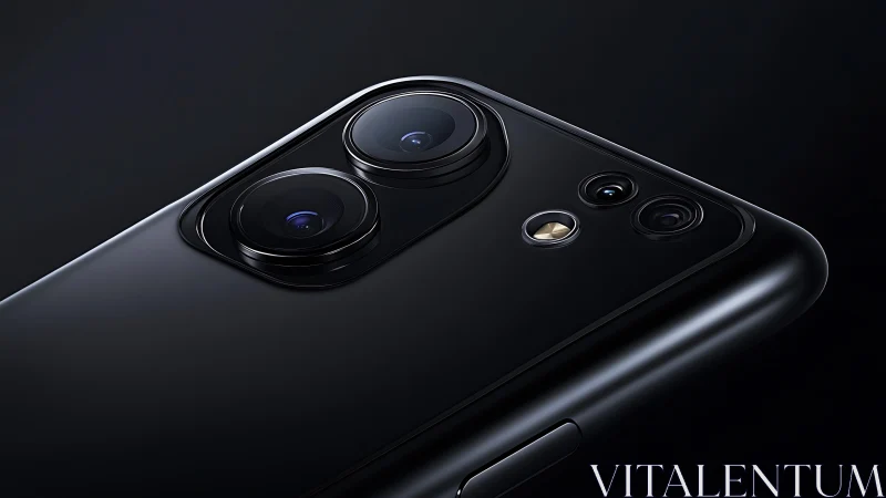 Sleek black smartphone camera module gleams in soft light.
