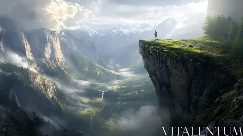 Lone figure on high cliff above expansive misty valley.