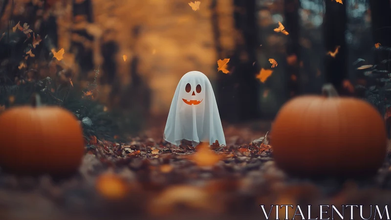 Child in ghost costume between pumpkins in autumn woods.