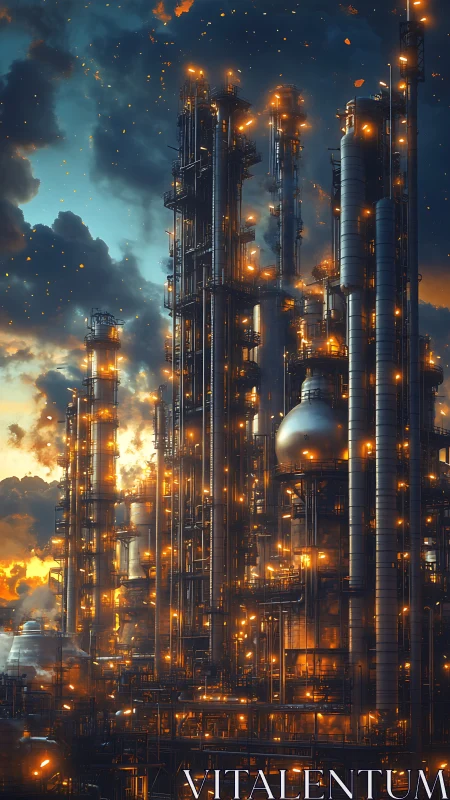 Glowing industrial skyline under a moody twilight sky.