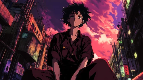 Backlit youth studies neon-lit alley perspective at magenta dusk