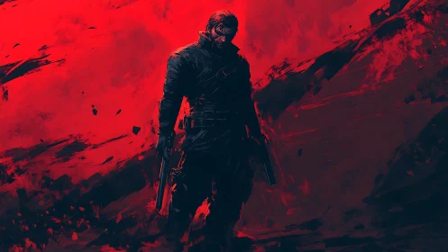 Gunmetal drifter strides through roaring crimson storm.