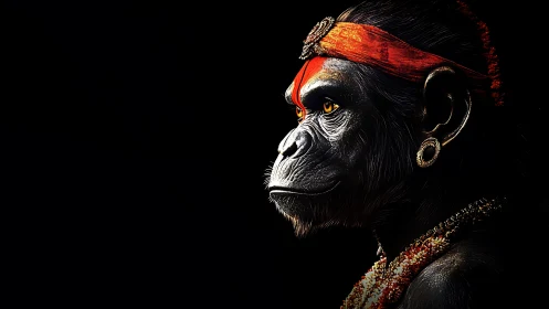 Regal gorilla portrait with ornate red headband and jewelry.