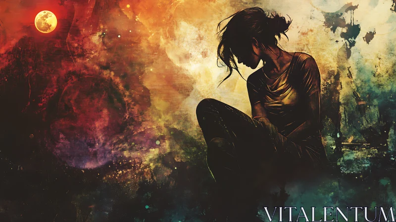 Solitary dreamer curled beneath a storm of cosmic color.