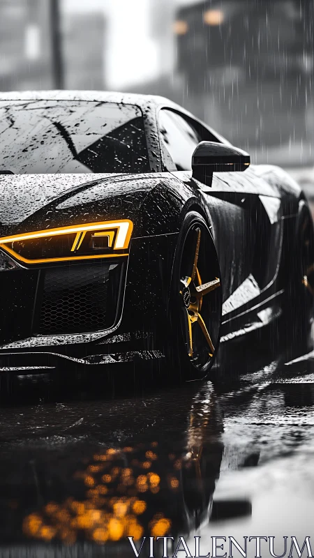Low-angle capture shows wet black sports car with amber LEDs in rain