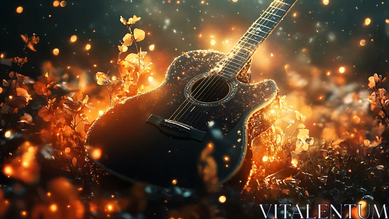 Glowing acoustic guitar resting in fiery autumn meadow.
