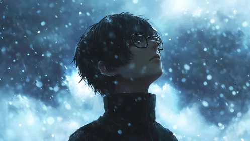 Solitary anime boy gazes into a silent, snowlit winter sky