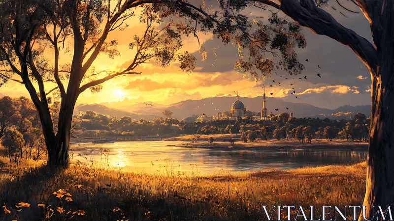 Sunlit riverside framing domed city under golden sky.