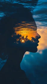 Silhouette portrait merged with sunset sky and trees