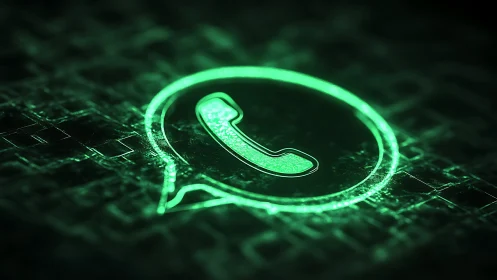 Neon WhatsApp icon glows over encrypted digital matrix.