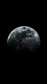 Monochrome lunar surface close-up against deep black space.