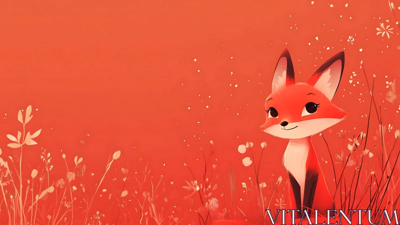 Gentle fox sits softly in a bright red flower meadow