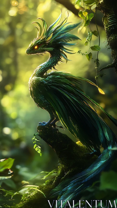 Feathered dragon creature stands on mossy log in forest