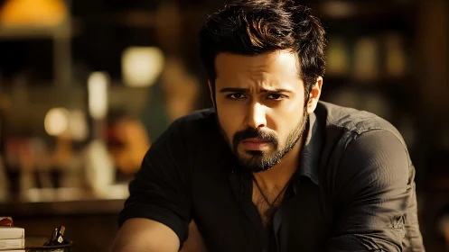 Shallow-depth male portrait uses warm bokeh and soft key lighting