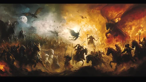 Massive mounted battle unfolds between fire and shadow