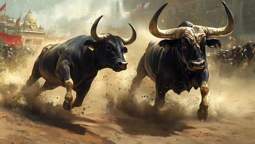 Charging bulls race through dusty street in chaotic city scene.