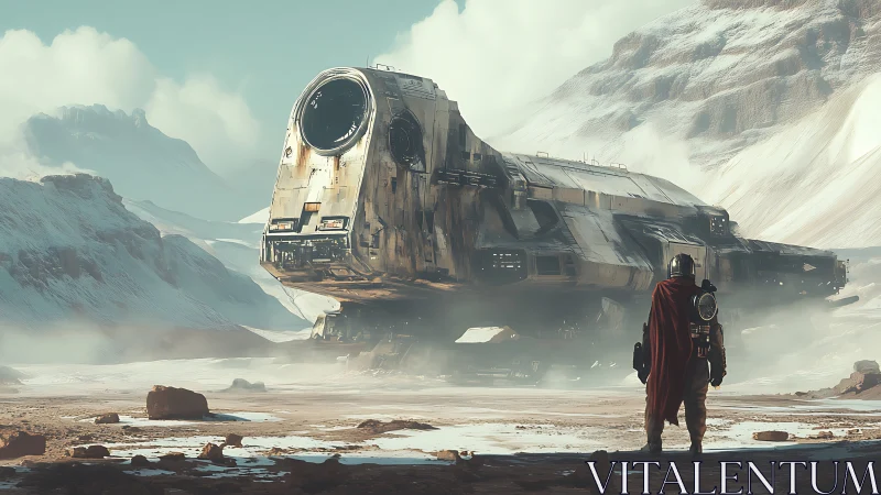 Lone explorer quietly studies a weathered starship at rest