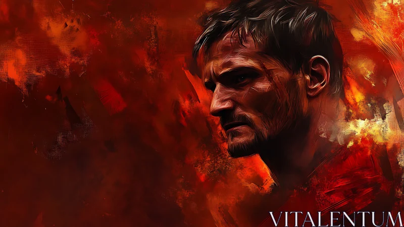 Male profile portrait rendered in intense red digital paint
