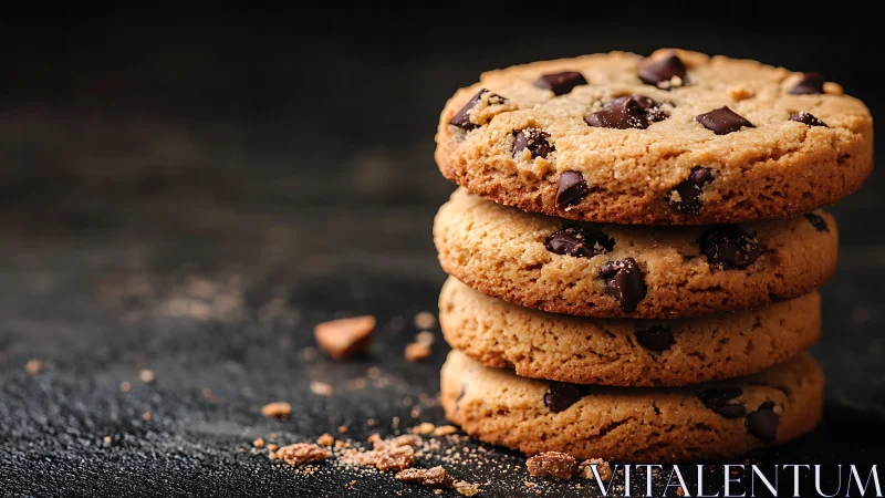 Crumb-kissed chocolate chip cookie tower in moody light.