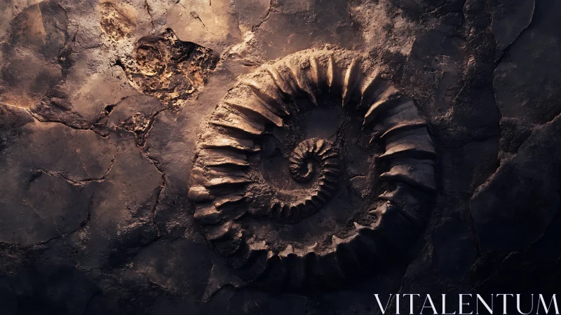 Ancient spiral fossil glowing softly in stormy stone dusk.