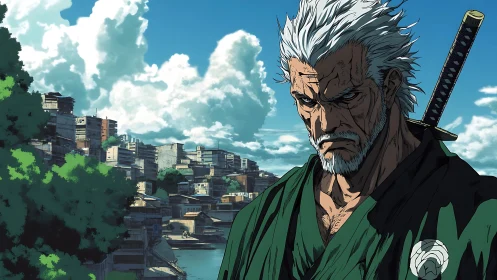 Weathered samurai with katana before dense riverside favela