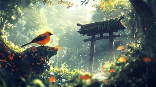 Orange bird on mossy rock near wooden shrine gate in forest.