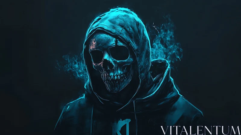Neon skull reaper in hooded sweatshirt emerges from smoke.
