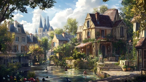 Sunlit canal village frames distant cathedral under clouds